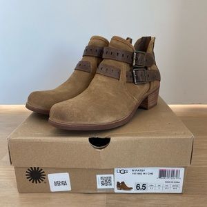 Ugg Patsy Ankle Boots Chestnut Suede with Cream Sherpa lining  Brown Leather Str